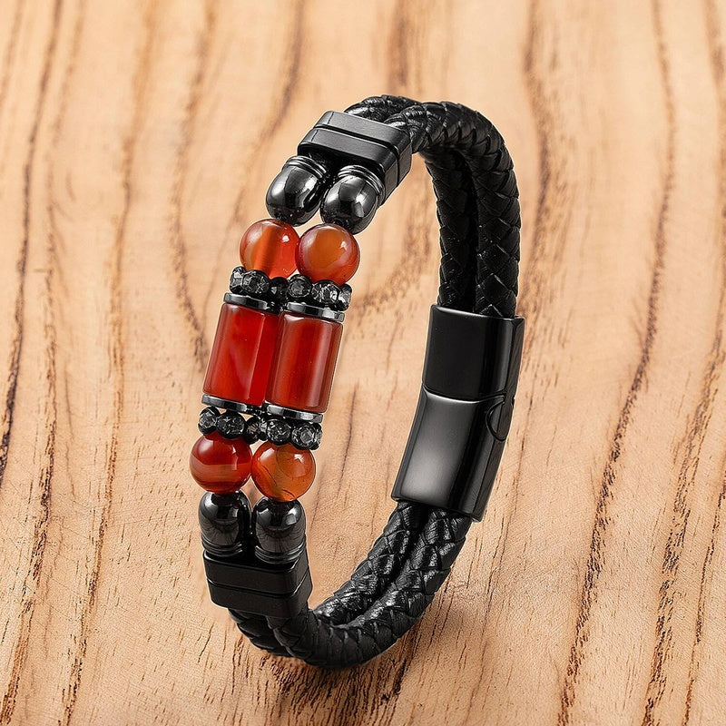 Black Braided Leather Bracelet with Green Jade Beads - Stylish Multi-Layer Magnetic Clasp Jewelry for Casual Wear and Gifts Agate-A