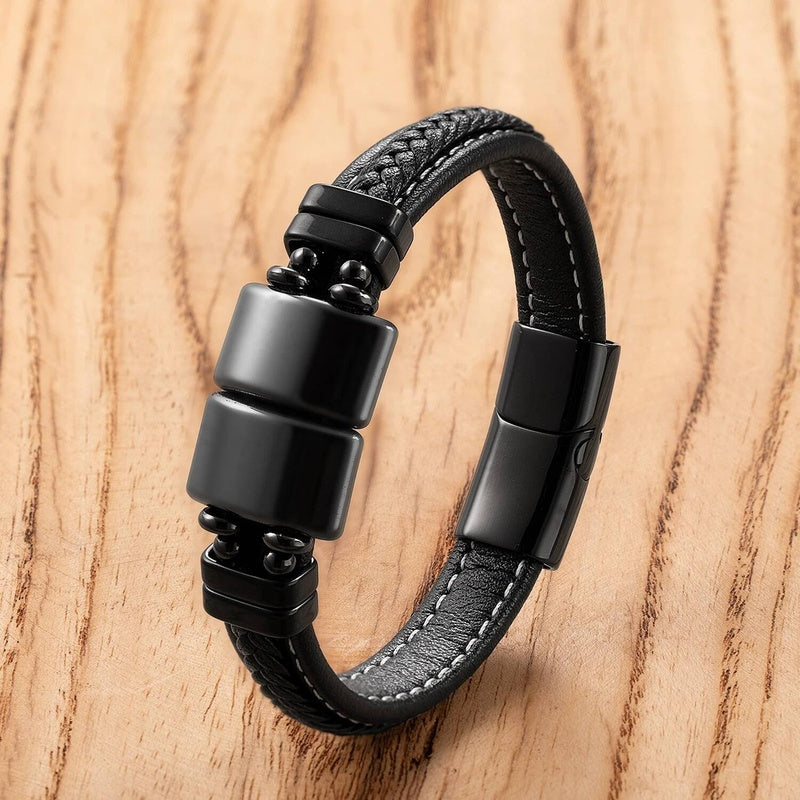 Natural Stone Leather Braided Fashion Men Women Stainless Steel Magnetic Clasp Bracelet Daily Wear Jewelry Couple Gift Hematite-C