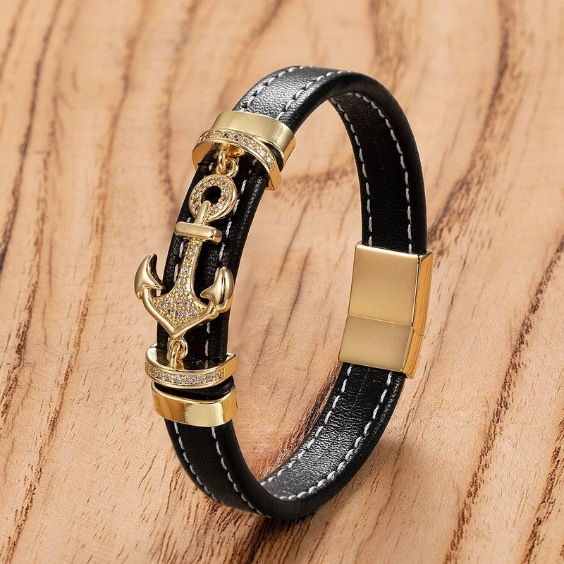 Fashion Punk Stainless Steel Anchor Bracelets Genuine Leather Bangles for Men Bracelet Rock Hip Hop Jewelry Gold-B 19cm