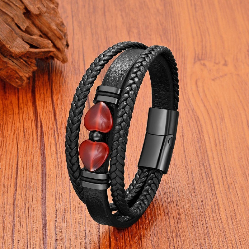 Black Braided Leather Bracelet with Green Jade Beads - Stylish Multi-Layer Magnetic Clasp Jewelry for Casual Wear and Gifts Red Agate
