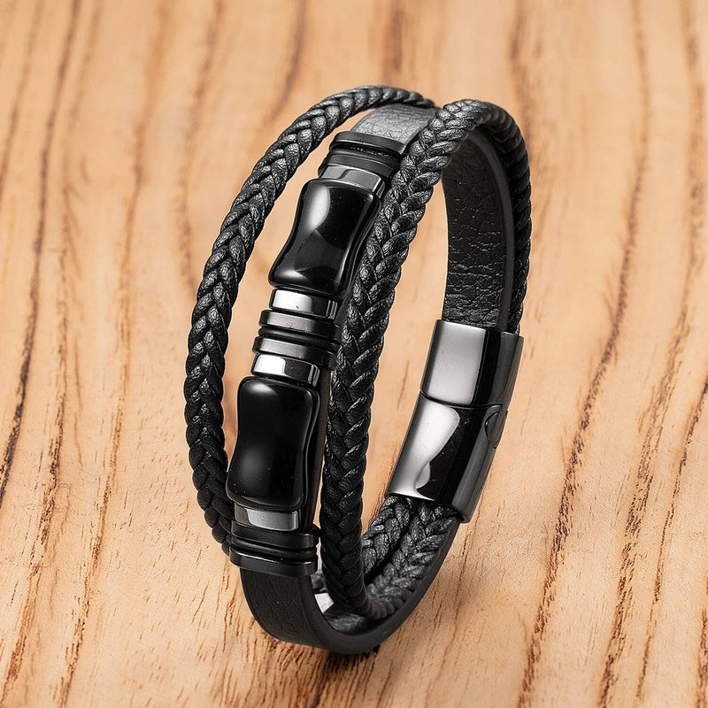 Black Braided Leather Bracelet with Green Jade Beads - Stylish Multi-Layer Magnetic Clasp Jewelry for Casual Wear and Gifts Style-D