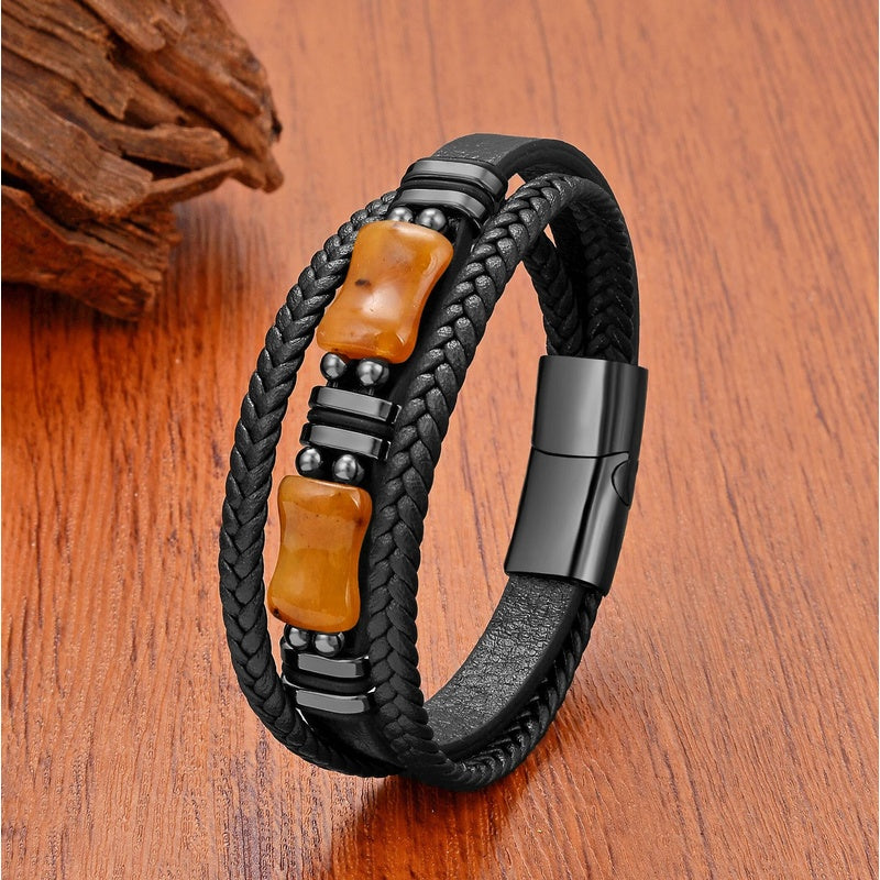 Men's Green Jade Leather Bracelet for Unique Gifts Yellow Stone-Black