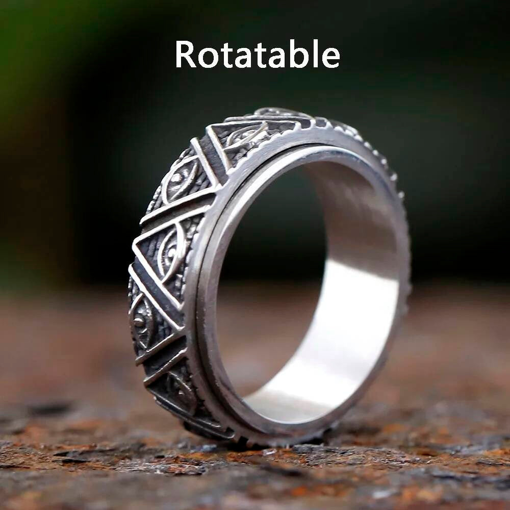 Rotating Eye of Horus Pyramid Ring – 316L Stainless Steel Mythic Statement Band Rotatable