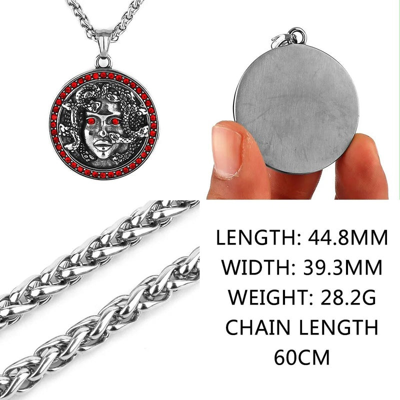 Medusa Pendant with Red Rhinestones – Greek Mythology Medallion Necklace