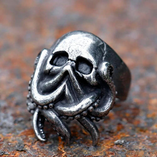 Goth Octopus Skull Ring - Stainless Steel Nautical Biker Jewelry for Men