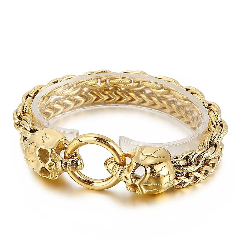 Punk Double Layer Chain Bracelet Men Stainless Steel Evil Skull Ghost Wristband Jewelry Gold Color 23cm