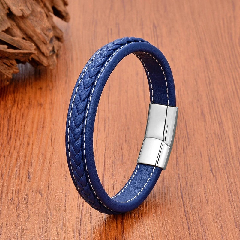 Vintage Men Europe and America Stainless Steel Magnet Open Bangle Multi-Size Woven Leather Hand Rope Classic Party Gift Present Style D-White
