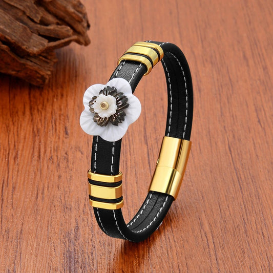 Black Braided Leather Bracelet with Green Jade Beads - Stylish Multi-Layer Magnetic Clasp Jewelry for Casual Wear and Gifts Black Flower