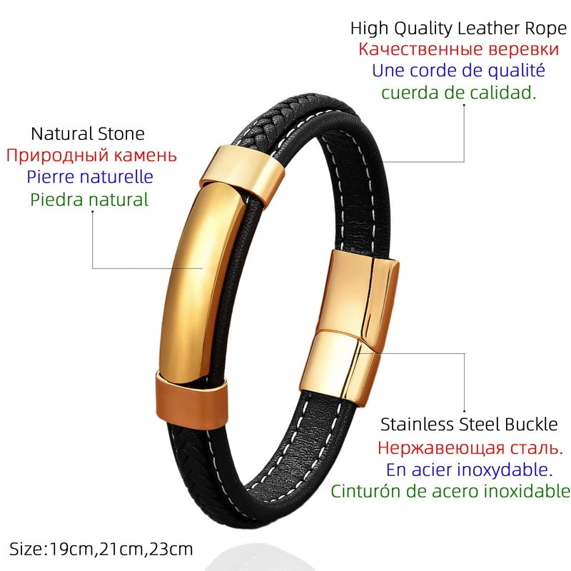 Fashion Geometric Shape Onyx Stone Bracelets Ladies Black Multilayer Leather Rope Men Bracelet Stainless Steel Jewelry Wholesale