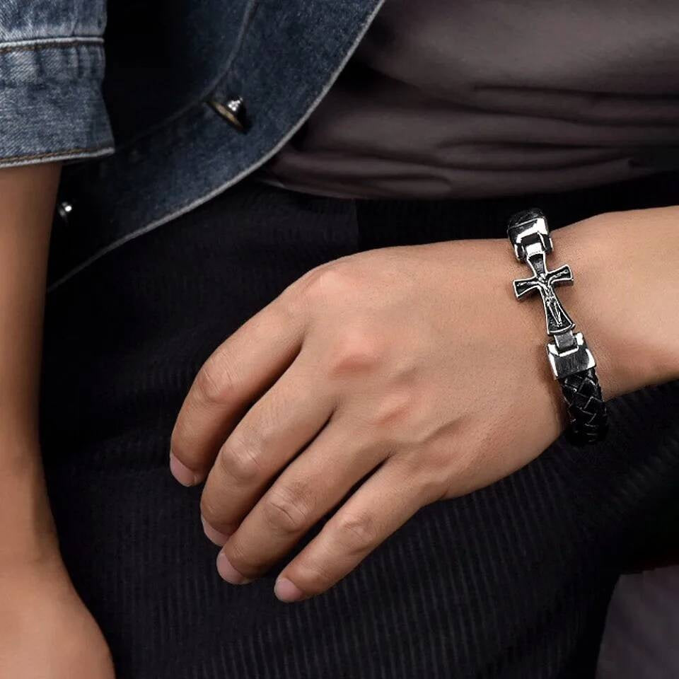 Men’s Leather Cross Bracelet – 316L Stainless Steel Christian Jewelry, Gothic Punk Wristband with Braided Strap