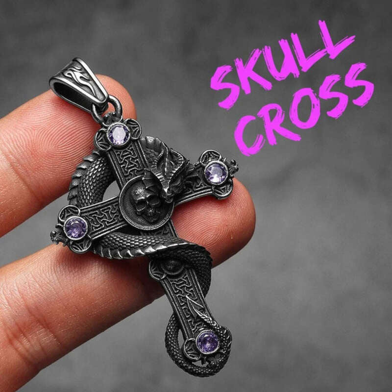 316L Stainless Steel Serpent Sword Cross Pendant Necklace with Gemstones N1362-Only Pendant-P