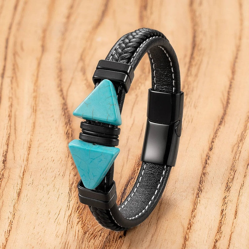 Trendy Black Leather Stone Men Jewelry Stainless Steel Bracelets For Male Women Valentine Day Wrist Bangle Gifts Style-D