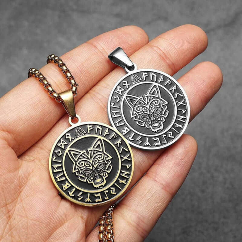 Men’s Viking Wolf Head Rune Pendant Necklace – 316L Stainless Steel Norse Amulet