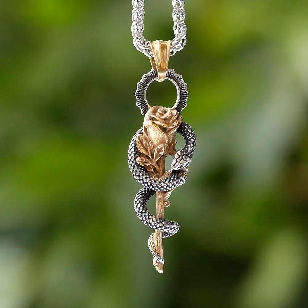 Rose and Serpent Pendant – Gothic Snake Wrapped Flower Necklace in Stainless Steel