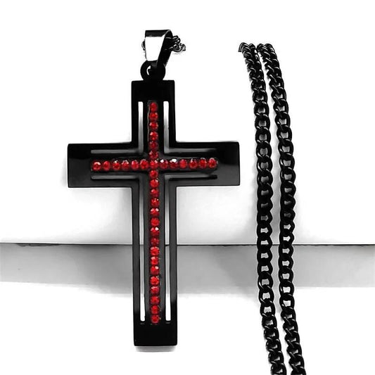 Stainless Steel Red Stone Black Cross Pendant Chain Necklace For Men Women Jewelry Goth Accessories Gift Black Cross