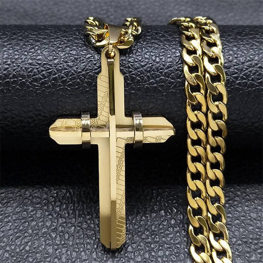 Gold-Tone 3D Cross Pendant – 316L Stainless Steel Men’s Chain Necklace Gold