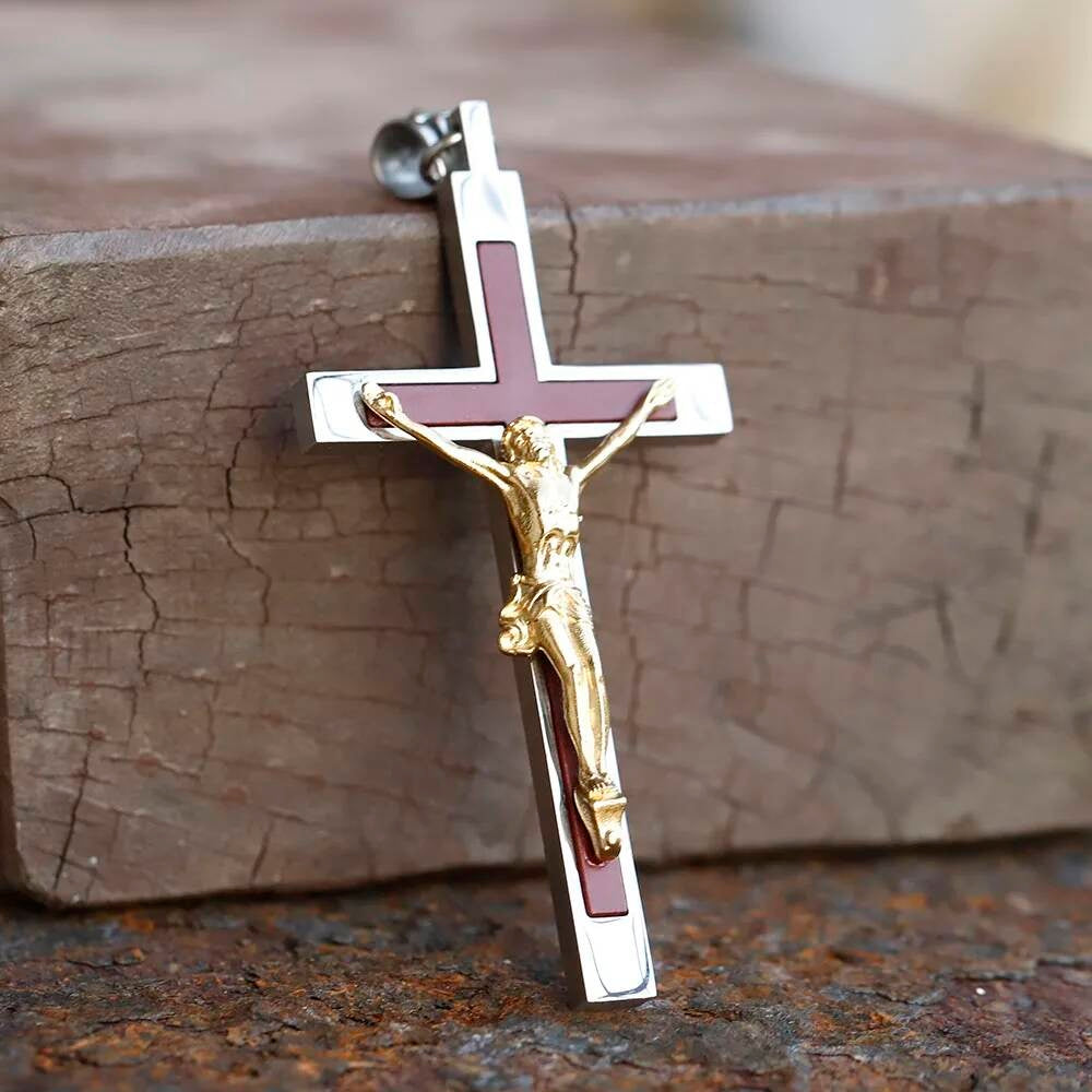 Men's 316L Stainless Steel Jesus Cross Pendant Necklace Religious Punk Jewelry LP-981-part gold CN