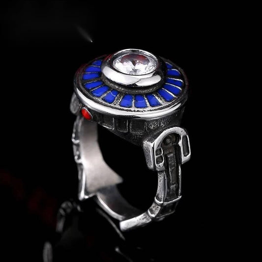 Futuristic Sci-Fi Ring – Stainless Steel Blue Enamel Cosmic Core Jewelry