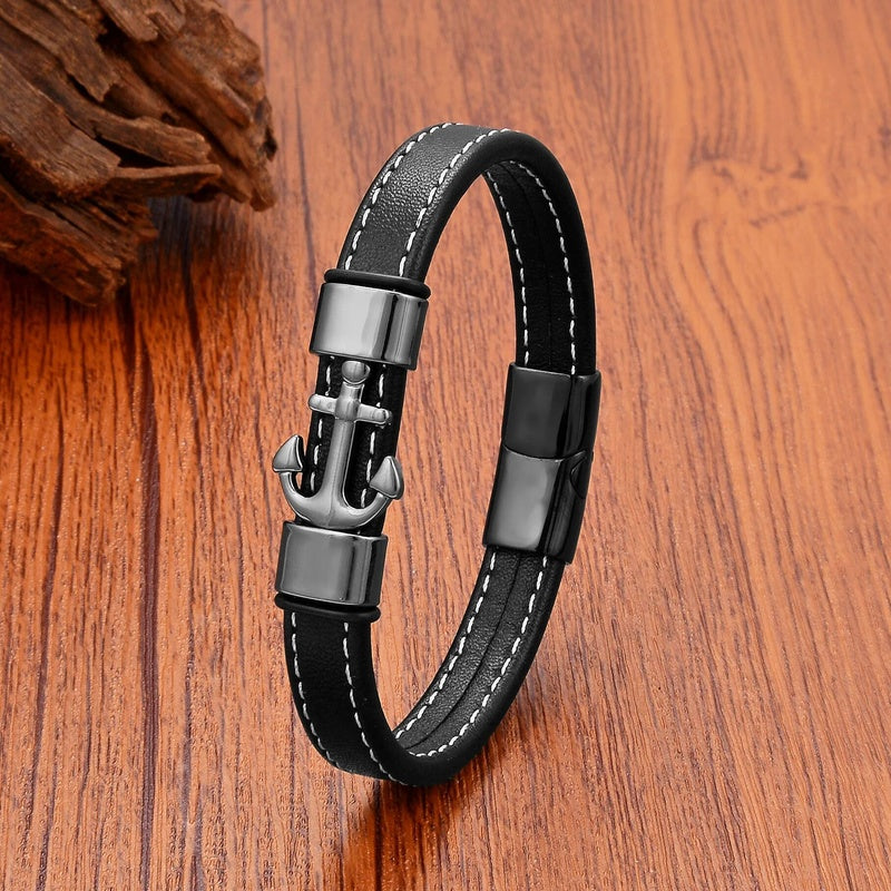 Navy Style Gold Plate Stainless Steel Anchor Bracelet Women, Fashion Handmade Leather Bracelets for Men, Mother's Day Gift Black