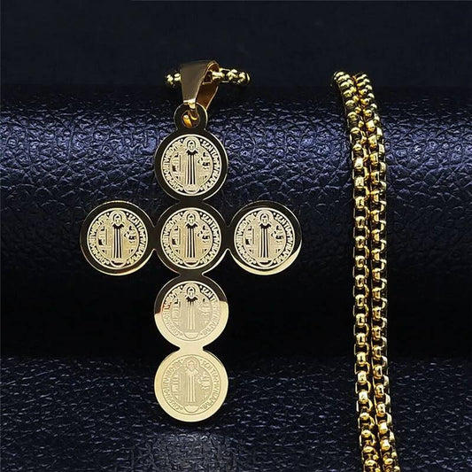 316L Stainless Steel Saint Benedict Cross Necklace Chain Pendant For Men Jewelry Gold