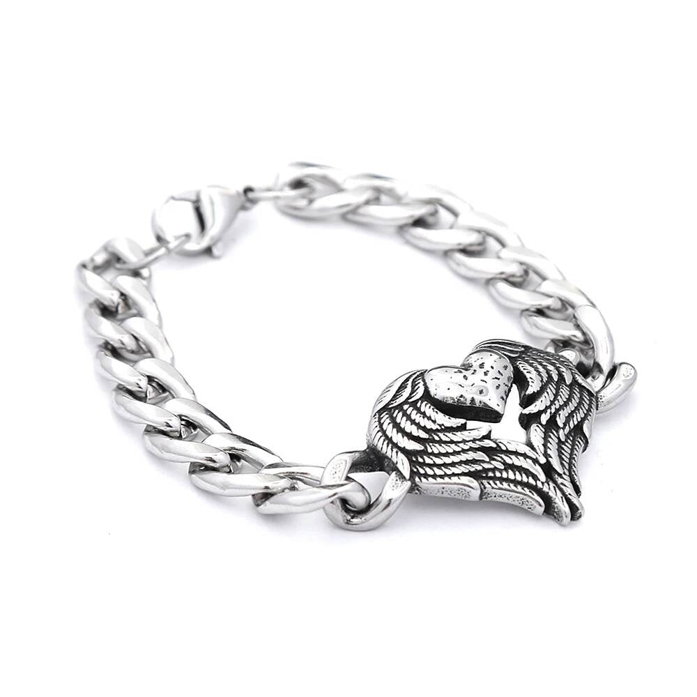 Angel Wing Heart Bracelet – 316L Stainless Steel Chain Link Bracelet with Gothic Winged Heart Pendant for Men & Women Style A 22cm