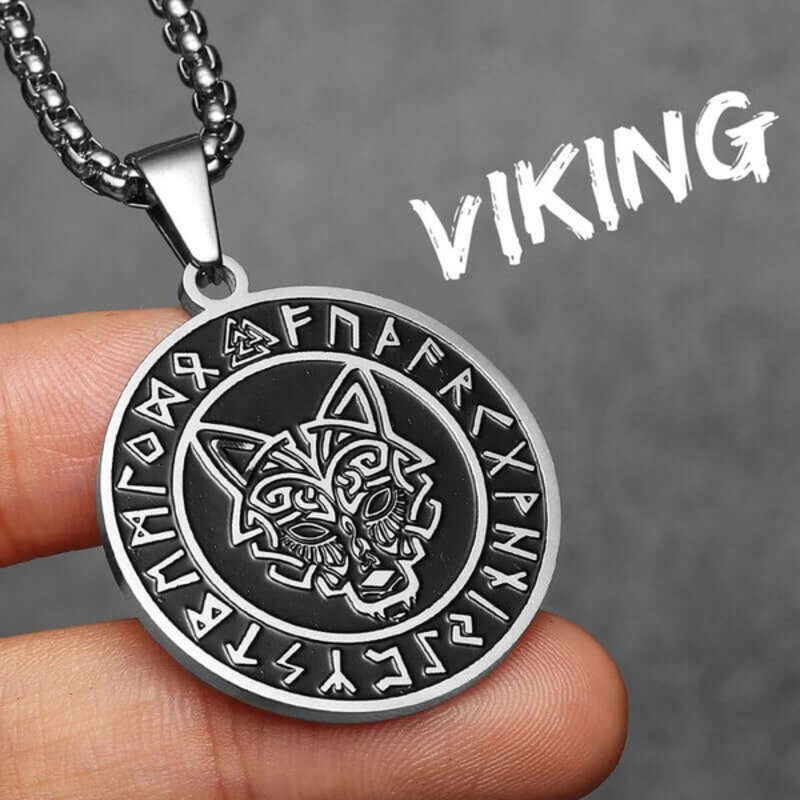 Men’s Viking Wolf Head Rune Pendant Necklace – 316L Stainless Steel Norse Amulet N1501-60cm chain-S