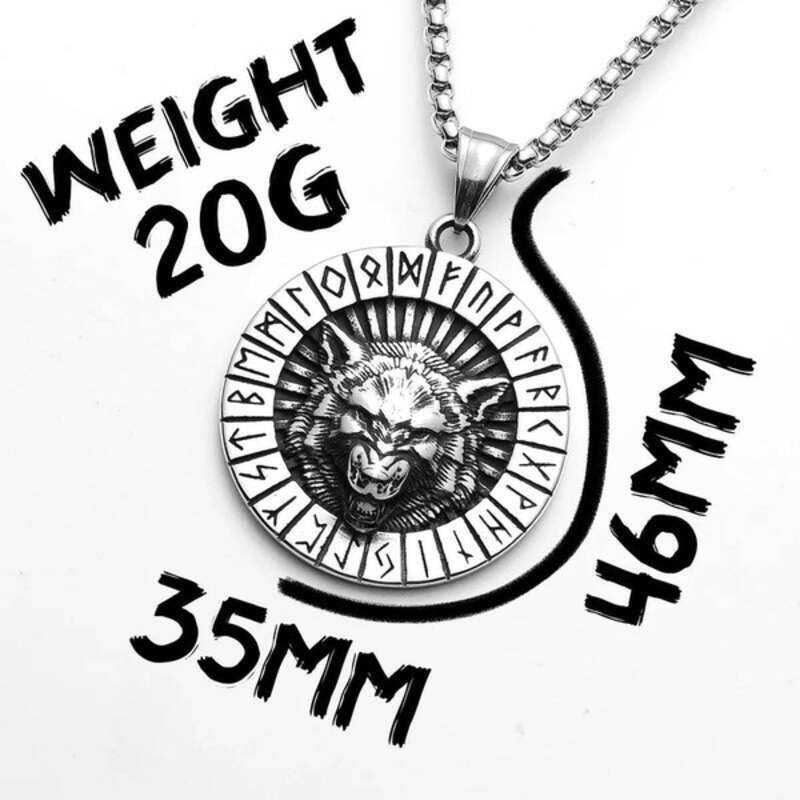 316L Stainless Steel Viking Wolf Rune Pendant Necklace – Norse Fenrir Amulet