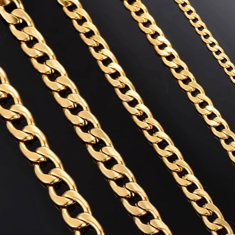 1 piece Length 21cm-100cm Gold Color Flat Necklace 3mm-9.5mm Stainless Steel Curb Link Chain for Men Women