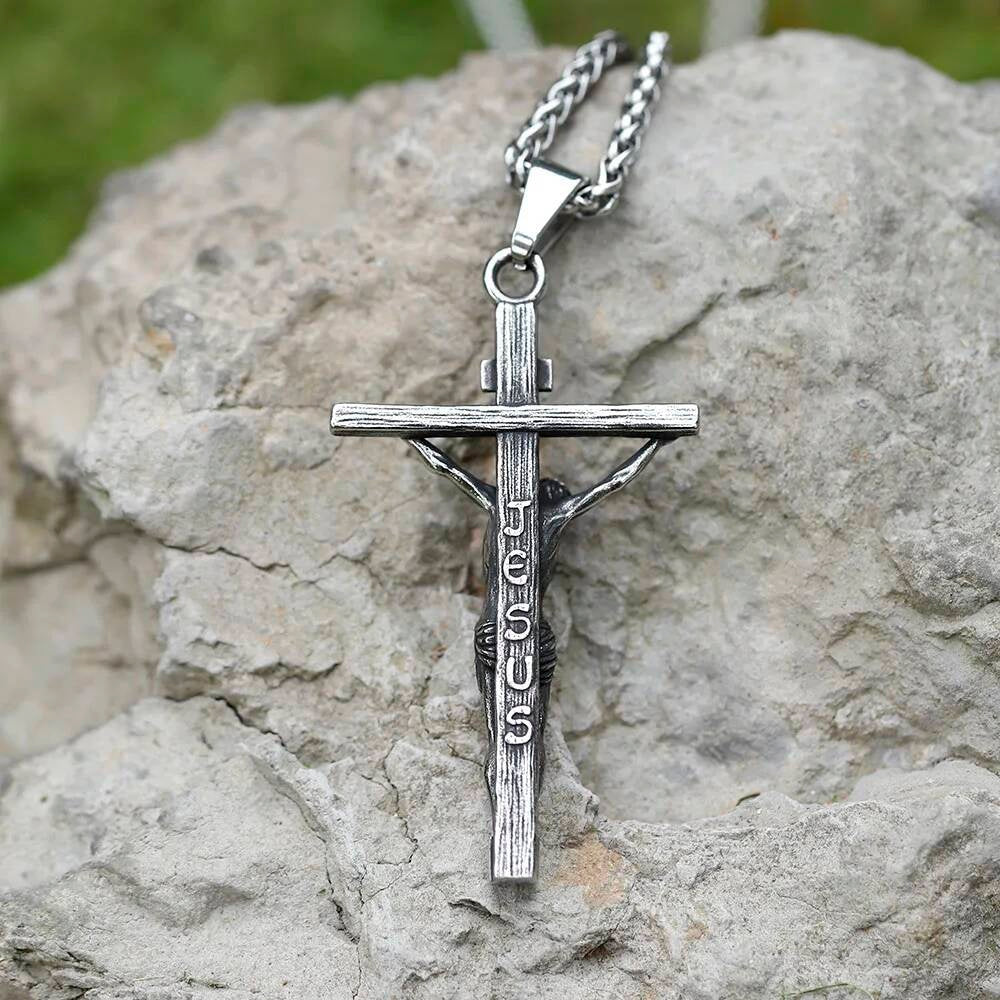 Men's 316L Stainless Steel Jesus Cross Pendant Necklace Religious Punk Jewelry