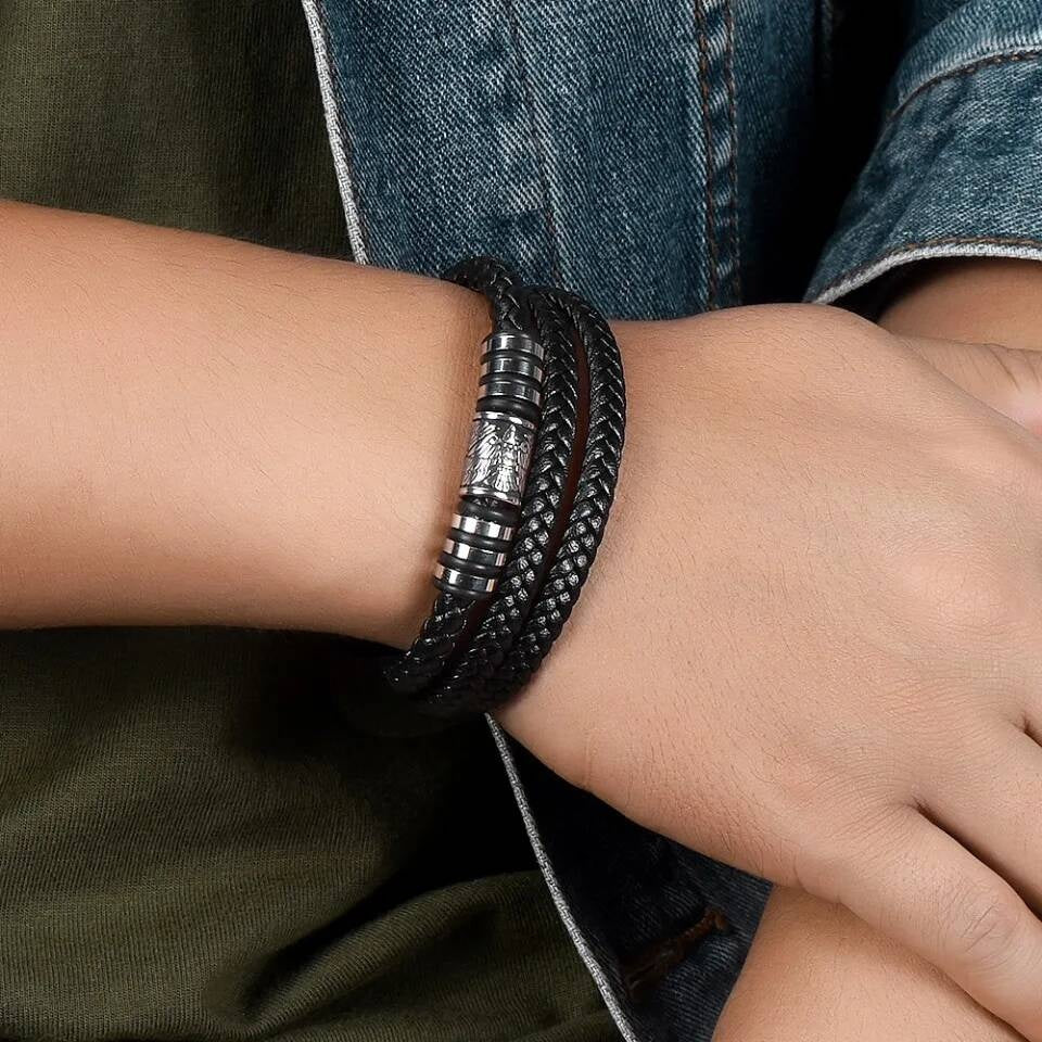 Mens Braided Leather Bracelet – Multi-Layer Stainless Steel Norse Viking Bangle