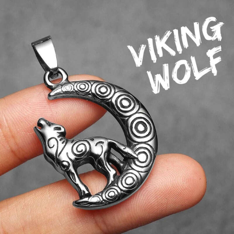 Howling Wolf and Moon Pendant Necklace, Tribal-Inspired Silver Jewelry with Spiraled Design N1509-Only Pendant