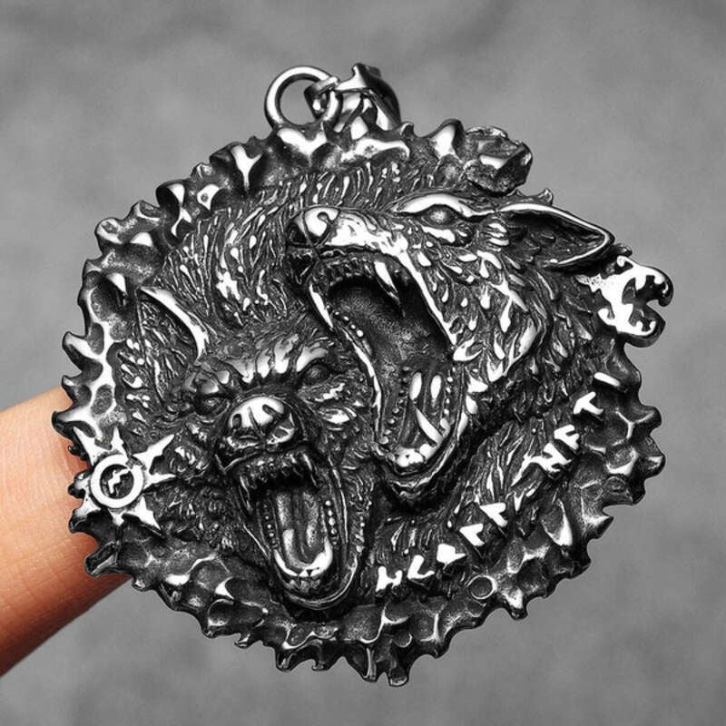 Viking Double Wolf Head Pendant Necklace – 316L Stainless Steel Norse Amulet