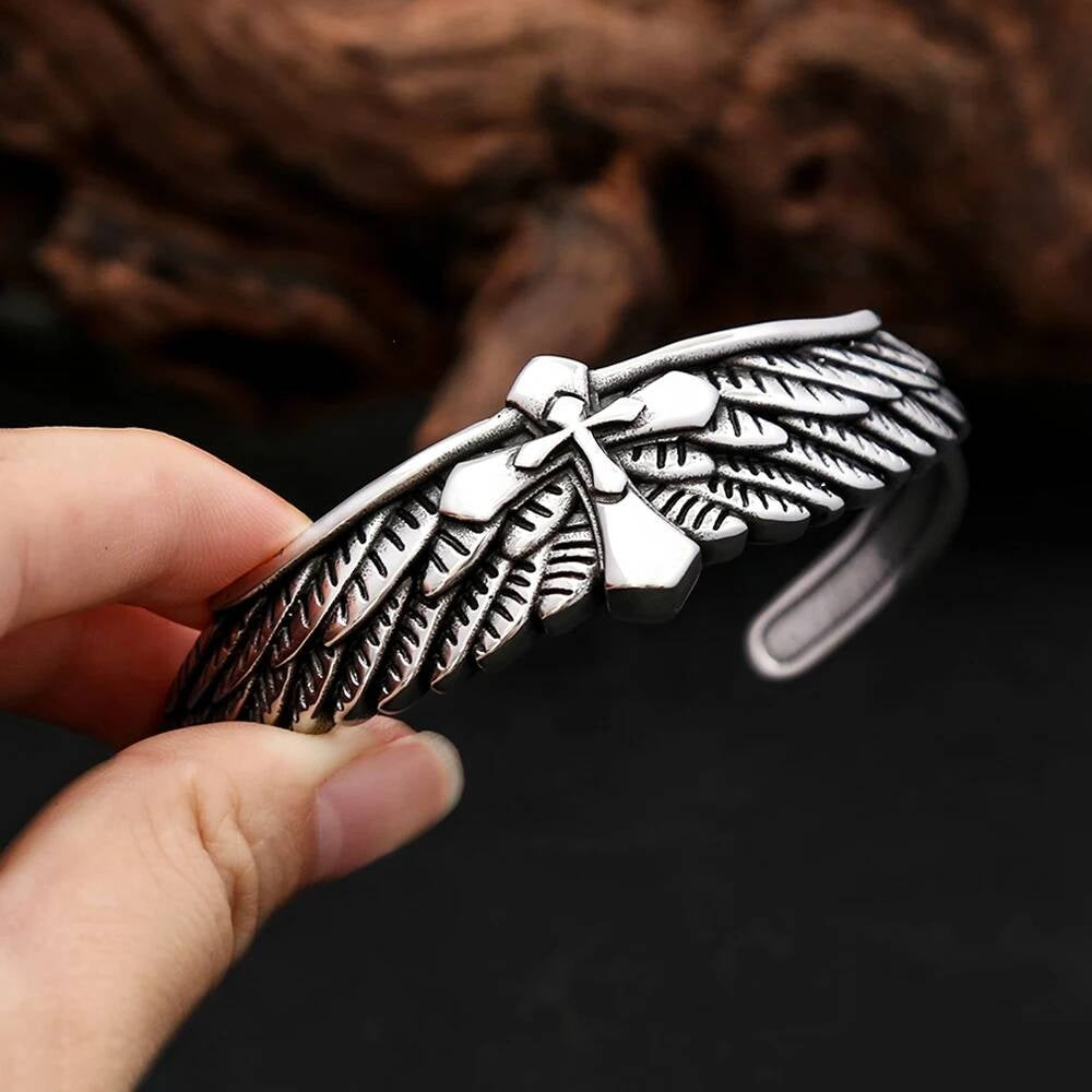Angel Wings Cross Bangle – Gothic Stainless Steel Bracelet