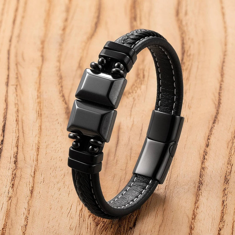 Natural Stone Leather Braided Fashion Men Women Stainless Steel Magnetic Clasp Bracelet Daily Wear Jewelry Couple Gift Hematite-D