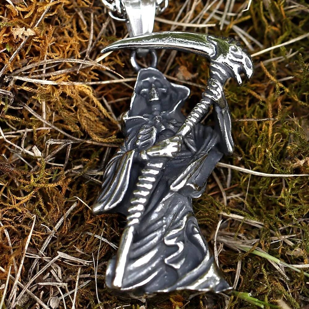 Grim Reaper Pendant Necklace – Stainless Steel Gothic Reaper with Scythe