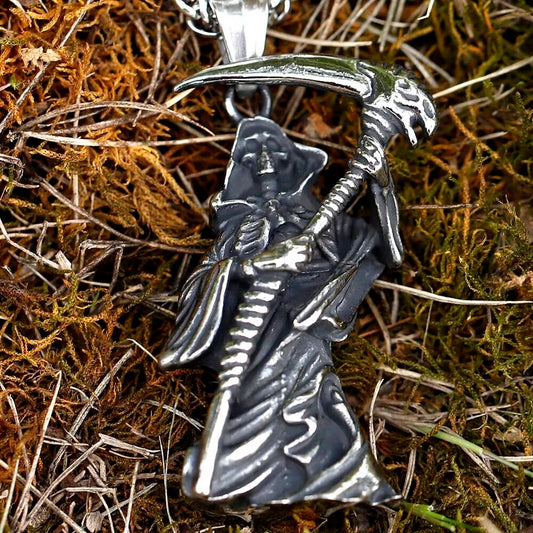 Grim Reaper Pendant Necklace – Stainless Steel Gothic Reaper with Scythe