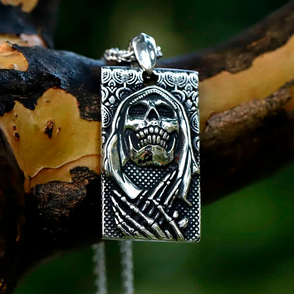 316L Stainless Steel Hooded Skull Rectangle Pendant Necklace Men