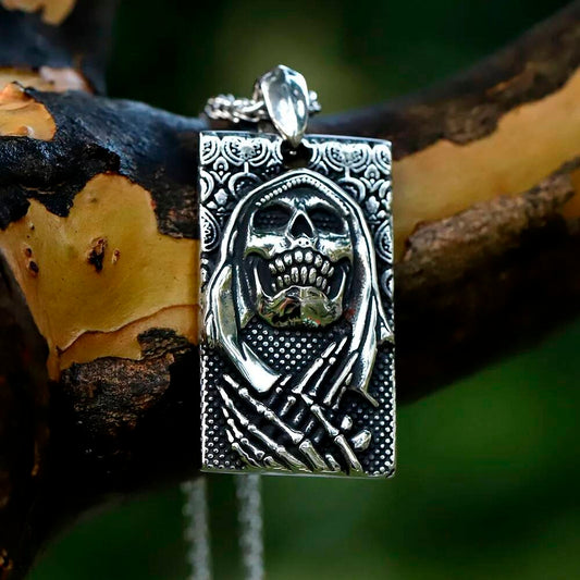 316L Stainless Steel Hooded Skull Rectangle Pendant Necklace Men