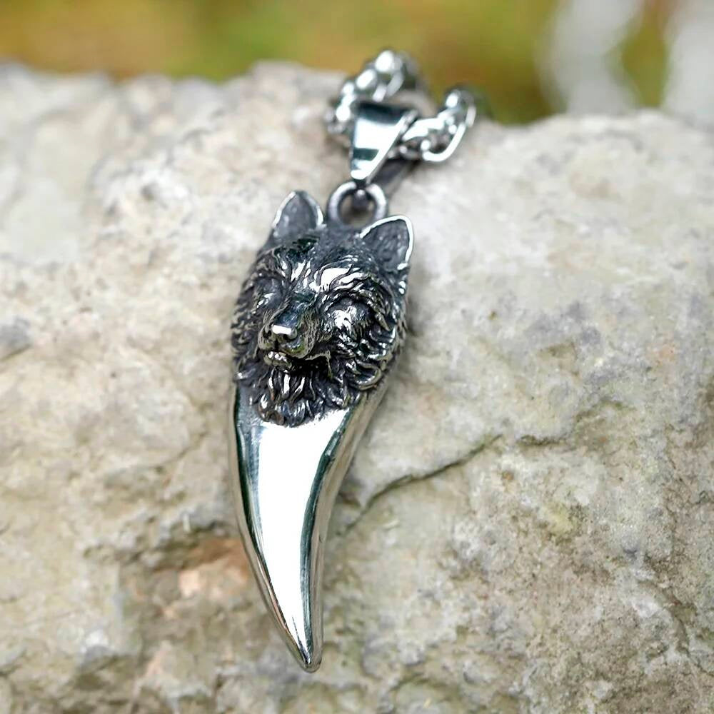 316L Stainless Steel Viking Wolf Head Fang Pendant Necklace for Men Women