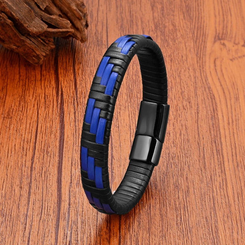 Black Braided Leather Bracelet with Green Jade Beads - Stylish Multi-Layer Magnetic Clasp Jewelry for Casual Wear and Gifts Blue