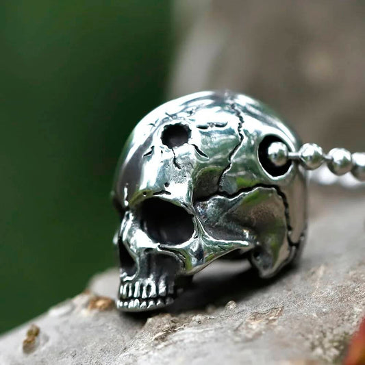 Cracked Skull Pendant Necklace - Gothic Stainless Steel Skull Jewelry with Unique Design