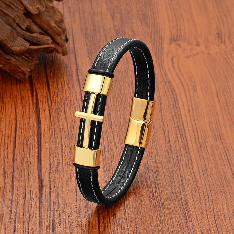 Stainless Steel Cross Men's Bracelets Leather Rope Chain for Men Quality Jewelry Accessories For Women Dropshipping Gold-color