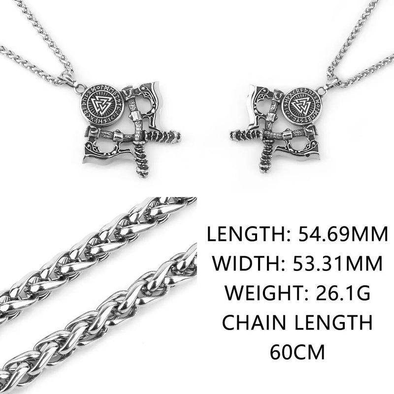 Viking Double Axe & Valknut Rune Necklace – Norse Warrior Stainless Steel Pendant