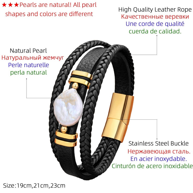 Natural Irregular Freshwater Pearl Bracelet for Woman Charm Multilayer Leather Bangles Man Stainless Steel Wristband Jewelry