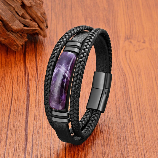 Black Braided Leather Bracelet with Green Jade Beads - Stylish Multi-Layer Magnetic Clasp Jewelry for Casual Wear and Gifts Style E
