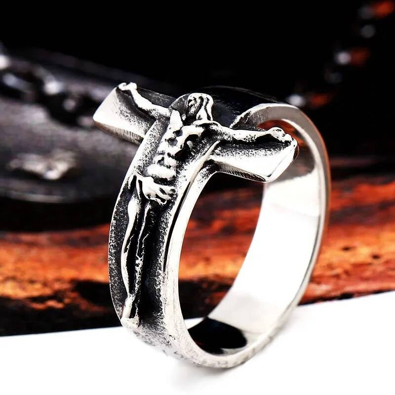 Vintage Jesus Cross Ring – 316L Stainless Steel Punk Faith Band BR8-134 Steel