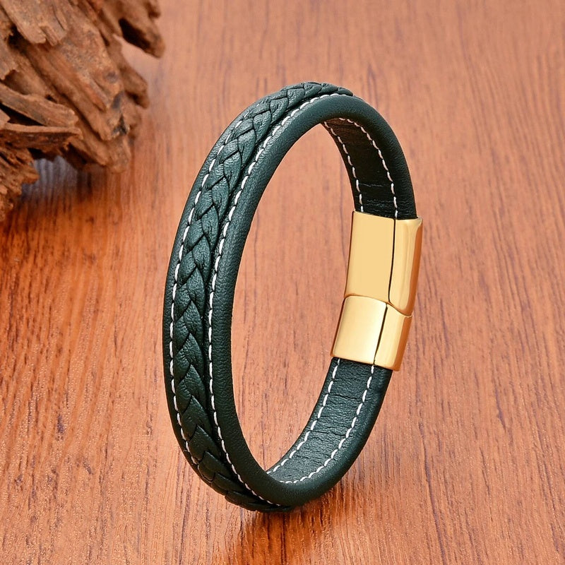 Vintage Men Europe and America Stainless Steel Magnet Open Bangle Multi-Size Woven Leather Hand Rope Classic Party Gift Present Style E-Gold