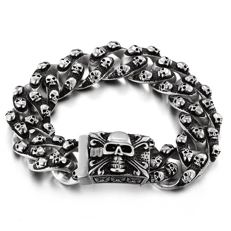20mm Fashion Male Skeleton Bracelet Stainless Steel Retro Cross Vintage Black All Skull Chain Bracelets Jewelry Steel Color
