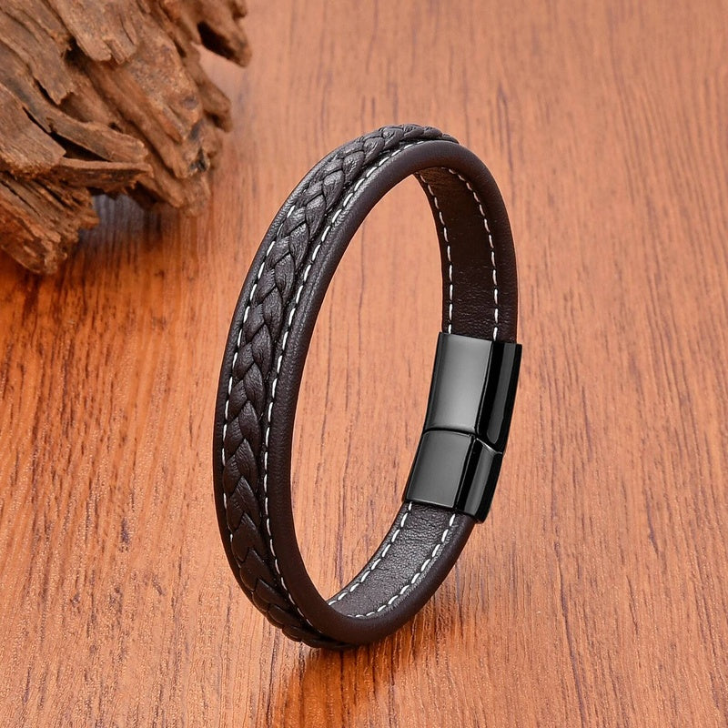 Vintage Men Europe and America Stainless Steel Magnet Open Bangle Multi-Size Woven Leather Hand Rope Classic Party Gift Present Style G-Black