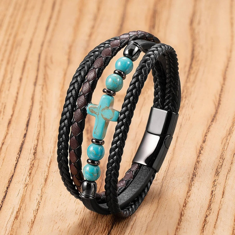 Black Braided Leather Bracelet with Green Jade Beads - Stylish Multi-Layer Magnetic Clasp Jewelry for Casual Wear and Gifts Style-C